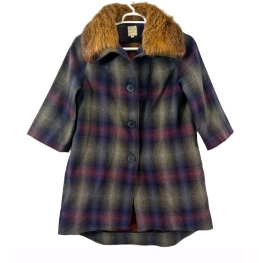 Billy Reid Wool‎ Plaid Button Pockets Detachable Faux Fur Collar Pea Coat